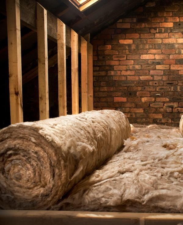 Rolls of insulation material on a wooden floor in an attic, with bare wooden beams and exposed brick wall in the background.