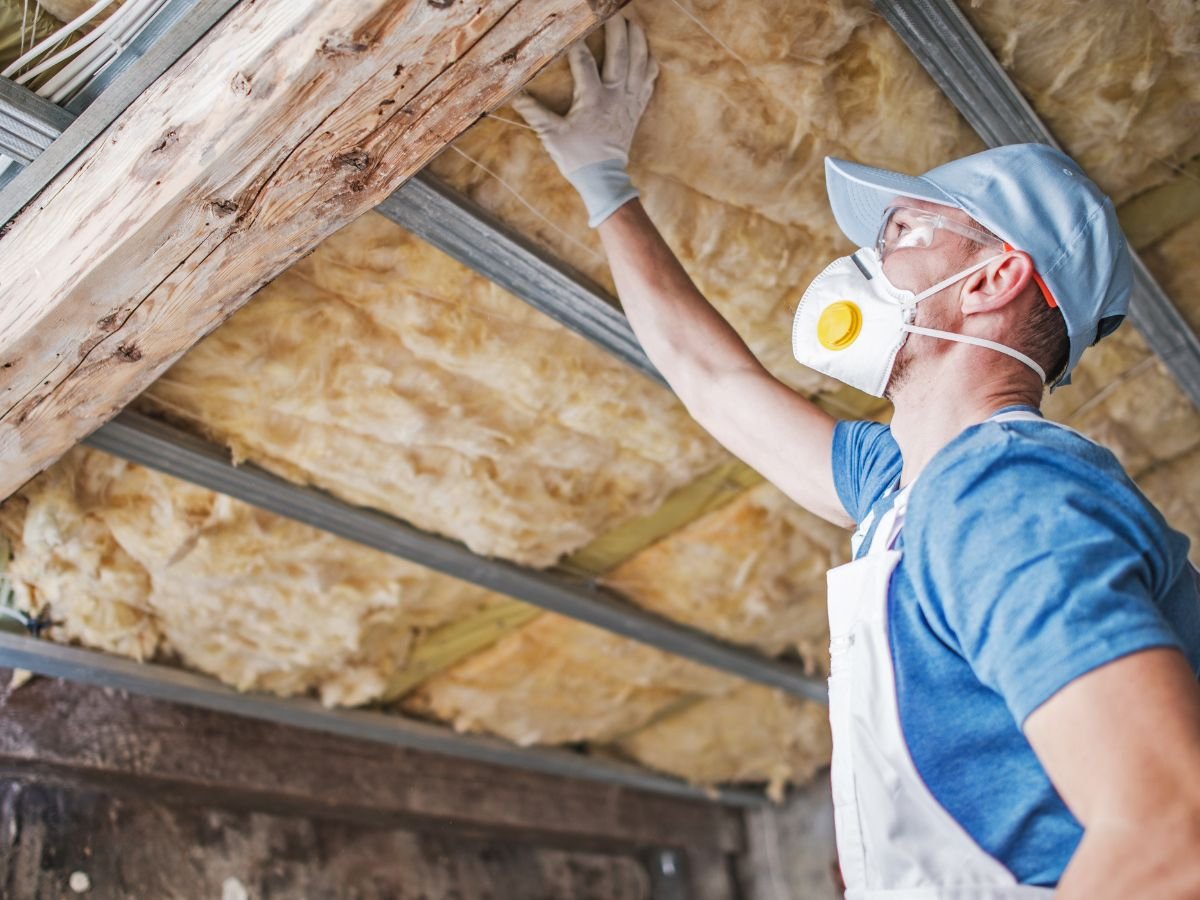 A man in a mask installs insulation in a ceiling, wearing gloves and a blue cap, focusing on the wooden beam above him.