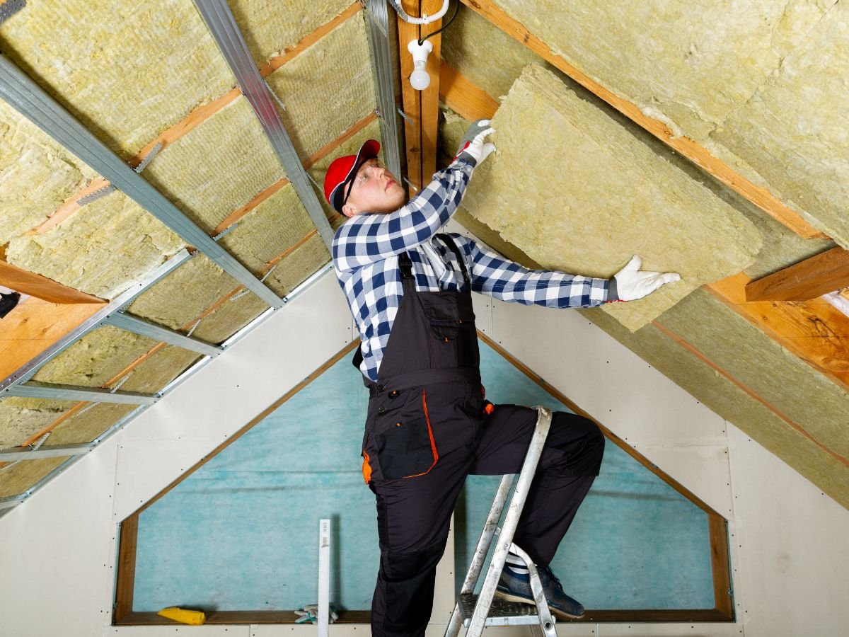 A worker in a checkered shirt and cap installs insulation in an attic, standing on a ladder with materials above a ceiling beam.