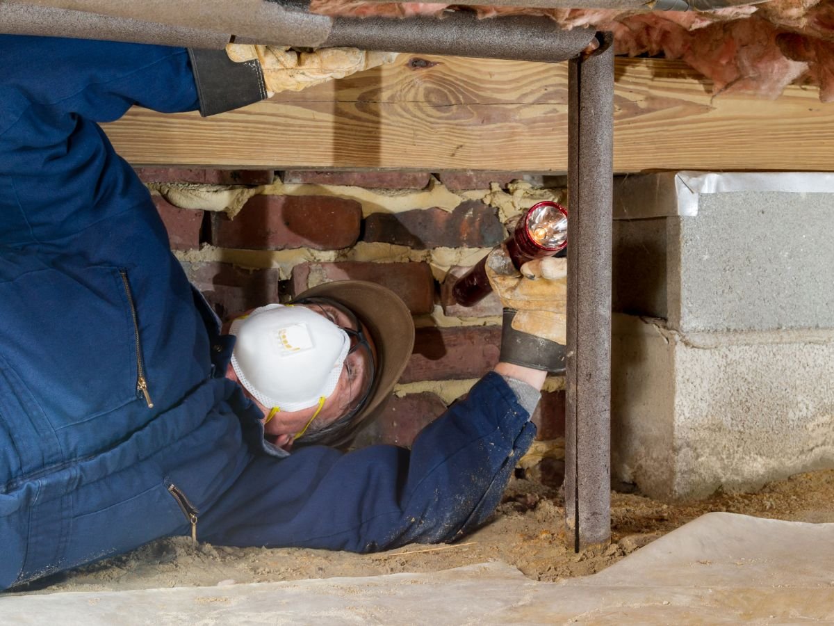 A worker in protective gear inspects a crawl space, crouched beneath a wooden beam and examining the brick wall with a flashlight.