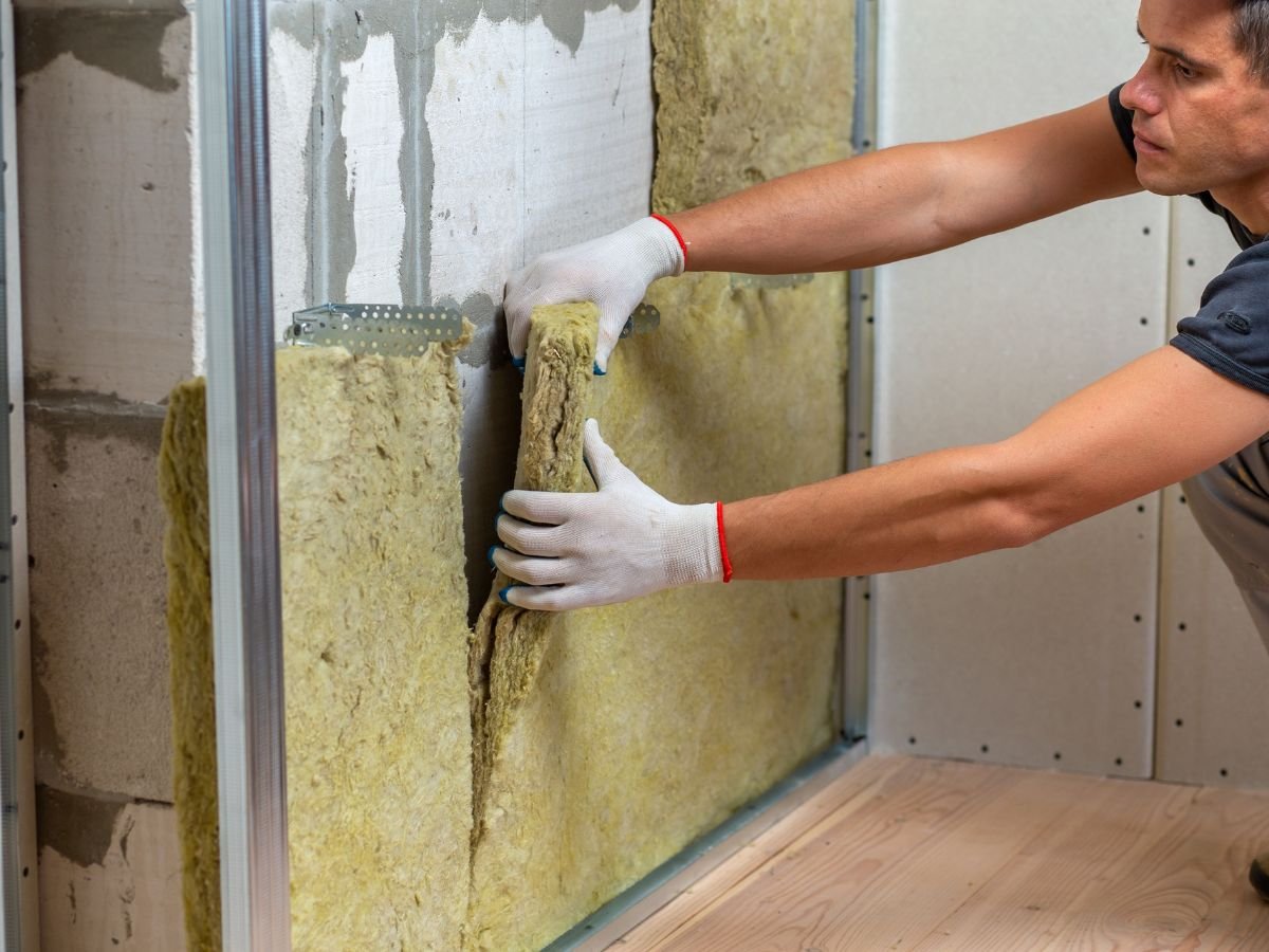 A worker installs insulation material into a wall frame, wearing gloves and focusing on aligning the panels.