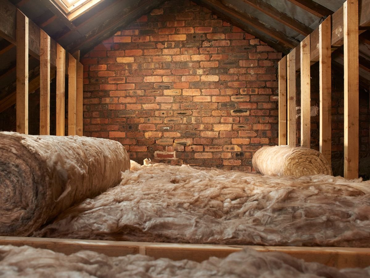 An attic space featuring exposed brick walls, wooden beams, and rolls of insulation material covering the floor.