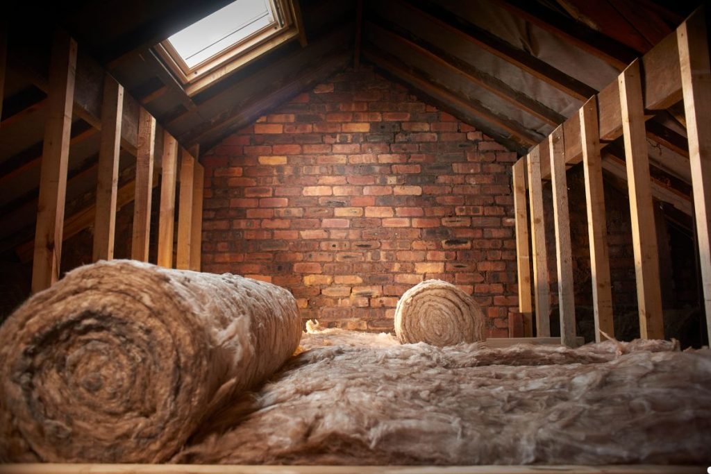 A room featuring a brick wall with a visible roll of insulation placed on the floor, indicating ongoing construction or renovation.