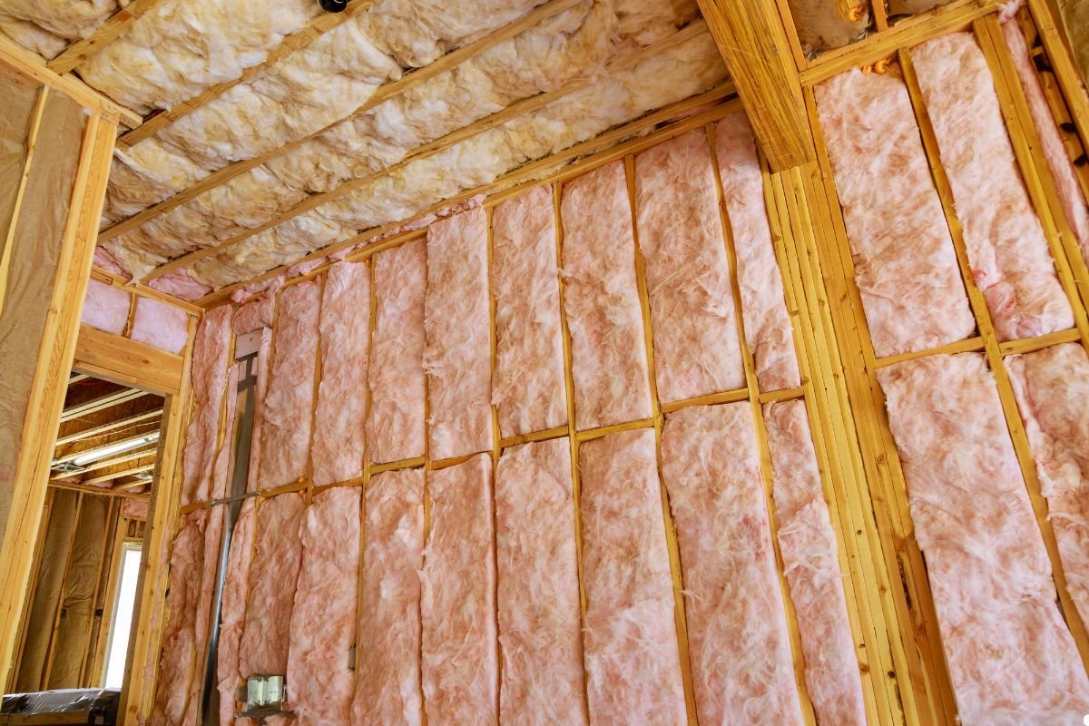 Insulation material installed in the walls of a home currently under construction, showcasing the building's progress. 