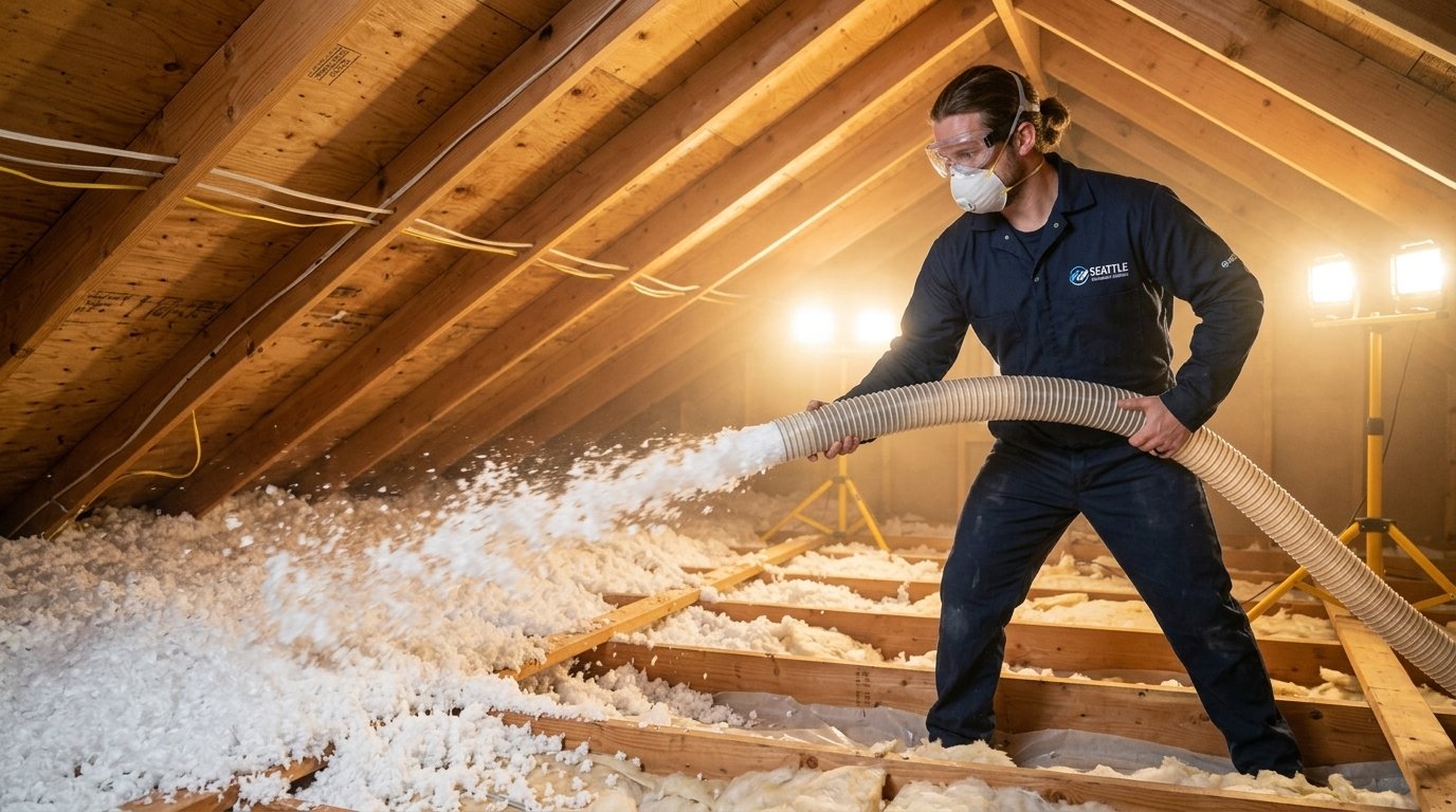 Technician installing blown attic insulation
